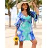 Ekouaer Women’s Swimsuit Cover Up 3/4 Bell Sleeve Beachwear Coverups Deep V-Neck Bikini Beach Dress S-3XL(S Tie Dye)