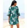Ekouaer Women’s Swimsuit Cover Up 3/4 Bell Sleeve Beachwear Coverups Deep V-Neck Bikini Beach Dress S-3XL(Y Big Green Leaves)