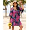 Ekouaer Women’s Swimsuit Cover Up 3/4 Bell Sleeve Beachwear Coverups Deep V-Neck Bikini Beach Dress S-3XL(Z Hot Pink Palm Leaf)