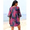 Ekouaer Women’s Swimsuit Cover Up 3/4 Bell Sleeve Beachwear Coverups Deep V-Neck Bikini Beach Dress S-3XL(Z Hot Pink Palm Leaf)