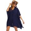 Ekouaer Women’s Swimsuit Cover Up 3/4 Sleeve Beachwear Bikini Coverups Button Down Oversized Cover Up Shirt S-3XL(Navy Blue)
