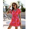 Ekouaer Womens Swimsuit Coverup Short Sleeve Beach Cover Up Dress V Neck Bikini Beachwear(Red Floral-01)