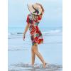 Ekouaer Womens Swimsuit Coverup Short Sleeve Beach Cover Up Dress V Neck Bikini Beachwear(Red Leaf-01)