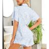 HOTOUCH Womens Satin Pajamas Set Button Down 2 Piece Silk Pjs Shorts Set Ruffle Lingerie Notch Collar Sleepwear(Blue Leopard)