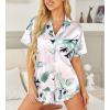 HOTOUCH Womens Satin Pajamas Set Button Down 2 Piece Silk Pjs Shorts Set Ruffle Lingerie Notch Collar Sleepwear(Pink Leaf)