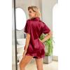 HOTOUCH Womens Satin Pajamas Set Button Down 2 Piece Silk Pjs Shorts Set Ruffle Lingerie Notch Collar Sleepwear(Wine Red)