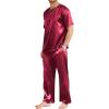 Ekouaer Mens Silk Satin Pajama Set Short Sleeve Sleepwear Silky Loungewear with Long Pants(Wine Red)