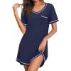 Ekouaer Nightgowns for Women Short Sleeve Sleep Shirts V Neck Nightshirts Soft Sleepshirt Caual T Shirt Sleepdress(Navy Blue)