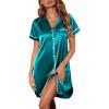 Ekouaer Satin Nightgowns for Women Button Down Nightshirts Silk Sleepshirts Short Sleeve Boyfriend Sleepwear S-XXXL(Blue Green)