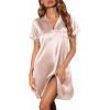 Ekouaer Satin Nightgowns for Women Button Down Nightshirts Silk Sleepshirts Short Sleeve Boyfriend Sleepwear S-XXXL(Champagne Stripe)