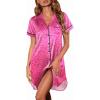 Ekouaer Satin Nightgowns for Women Button Down Nightshirts Silk Sleepshirts Short Sleeve Boyfriend Sleepwear S-XXXL(Rose Red Leopard)