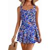 Ekouaer Swim Dress One Piece Bathing Suit Skirted Swimsuits for Women Ruched Retro Swimwear S-XXL(Blue With Colorful Leaves)