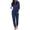 Ekouaer Women Pajama Sets 2 Piece Long Sleeves and Joggers Sleepwear Set Soft Pjs Lounge Set with Pockets(Navy Blue)