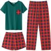 Ekouaer Women’s 3 Piece Pajama Set Short Sleeve Sleepwear Pj Set Top and Shorts Pants Pjs with Pockets(Red and Green Plaid)