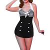 Ekouaer Womens One Piece Swimsuits Vintage Striped Skirt Bathing Suit Vintage Retro Push Up Swimwear(Black White)