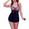Ekouaer Womens One Piece Swimsuits Vintage Striped Skirt Bathing Suit Vintage Retro Push Up Swimwear(Blue)