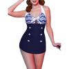 Ekouaer Womens One Piece Swimsuits Vintage Striped Skirt Bathing Suit Vintage Retro Push Up Swimwear(Blue Pattern)