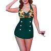 Ekouaer Womens One Piece Swimsuits Vintage Striped Skirt Bathing Suit Vintage Retro Push Up Swimwear(Leaf Print)
