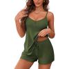 Ekouaer Women’s Pajama Sets Sleeveless Pj Set 2 Piece V Neck Adjustable Cami Tops Drawstring Shorts Lingerie Sleepwear(Army Green)