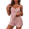 Ekouaer Women’s Pajama Sets Sleeveless Pj Set 2 Piece V Neck Adjustable Cami Tops Drawstring Shorts Lingerie Sleepwear(Pink)