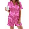 Ekouaer Womens Silk Satin Pajamas Sets 2 Piece Short Sleeve Sleepwear Button Down Top and Shorts Pjs Lounge Wear Sets(Rose Leopard)