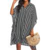 Ekouaer Women’s Swimsuit Cover Up 3/4 Sleeve Beachwear Bikini Coverups Button Down Oversized Cover Up Shirt S-3XL(Black Stripe)