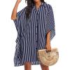 Ekouaer Women’s Swimsuit Cover Up 3/4 Sleeve Beachwear Bikini Coverups Button Down Oversized Cover Up Shirt S-3XL(Navy Blue Stripe)