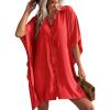 Ekouaer Women’s Swimsuit Cover Up 3/4 Sleeve Beachwear Bikini Coverups Button Down Oversized Cover Up Shirt S-3XL(Red)