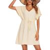 Ekouaer Womens Swimsuit Coverup Short Sleeve Beach Cover Up Dress V Neck Bikini Beachwear(Beige-01)