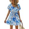 Ekouaer Womens Swimsuit Coverup Short Sleeve Beach Cover Up Dress V Neck Bikini Beachwear(Blue Boho Floral-01)