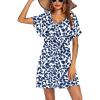 Ekouaer Womens Swimsuit Coverup Short Sleeve Beach Cover Up Dress V Neck Bikini Beachwear(Blue Leaf Print-01)