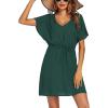 Ekouaer Womens Swimsuit Coverup Short Sleeve Beach Cover Up Dress V Neck Bikini Beachwear(Dark Green2-01)