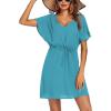 Ekouaer Womens Swimsuit Coverup Short Sleeve Beach Cover Up Dress V Neck Bikini Beachwear(Dark Peacock Blue-01)