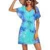 Ekouaer Womens Swimsuit Coverup Short Sleeve Beach Cover Up Dress V Neck Bikini Beachwear(Marine Tie Dye-01)