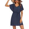 Ekouaer Womens Swimsuit Coverup Short Sleeve Beach Cover Up Dress V Neck Bikini Beachwear(Navy Blue2-01)