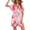 Ekouaer Womens Swimsuit Coverup Short Sleeve Beach Cover Up Dress V Neck Bikini Beachwear(Pink Stitching Print)