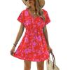Ekouaer Womens Swimsuit Coverup Short Sleeve Beach Cover Up Dress V Neck Bikini Beachwear(Red Floral-01)