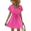 Ekouaer Womens Swimsuit Coverup Short Sleeve Beach Cover Up Dress V Neck Bikini Beachwear(Rose Red)