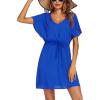 Ekouaer Womens Swimsuit Coverup Short Sleeve Beach Cover Up Dress V Neck Bikini Beachwear(Snorkel Blue2-01)