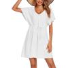 Ekouaer Womens Swimsuit Coverup Short Sleeve Beach Cover Up Dress V Neck Bikini Beachwear(White)