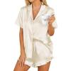 HOTOUCH Womens Satin Pajamas Set Button Down 2 Piece Silk Pjs Shorts Set Ruffle Lingerie Notch Collar Sleepwear(Apricot)