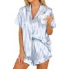 HOTOUCH Womens Satin Pajamas Set Button Down 2 Piece Silk Pjs Shorts Set Ruffle Lingerie Notch Collar Sleepwear(Blue Striped)