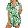 HOTOUCH Womens Satin Pajamas Set Button Down 2 Piece Silk Pjs Shorts Set Ruffle Lingerie Notch Collar Sleepwear(Green Leaf)