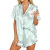 HOTOUCH Womens Satin Pajamas Set Button Down 2 Piece Silk Pjs Shorts Set Ruffle Lingerie Notch Collar Sleepwear(Green Striped)