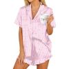 HOTOUCH Womens Satin Pajamas Set Button Down 2 Piece Silk Pjs Shorts Set Ruffle Lingerie Notch Collar Sleepwear(Heart Stripes)