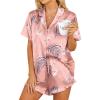 HOTOUCH Womens Satin Pajamas Set Button Down 2 Piece Silk Pjs Shorts Set Ruffle Lingerie Notch Collar Sleepwear(Pink Crane)