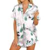 HOTOUCH Womens Satin Pajamas Set Button Down 2 Piece Silk Pjs Shorts Set Ruffle Lingerie Notch Collar Sleepwear(Pink Leaf)