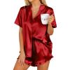 HOTOUCH Womens Satin Pajamas Set Button Down 2 Piece Silk Pjs Shorts Set Ruffle Lingerie Notch Collar Sleepwear(Red)
