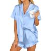 HOTOUCH Womens Satin Pajamas Set Button Down 2 Piece Silk Pjs Shorts Set Ruffle Lingerie Notch Collar Sleepwear(Sky Blue)