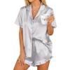 HOTOUCH Womens Satin Pajamas Set Button Down 2 Piece Silk Pjs Shorts Set Ruffle Lingerie Notch Collar Sleepwear(Sliver Grey)